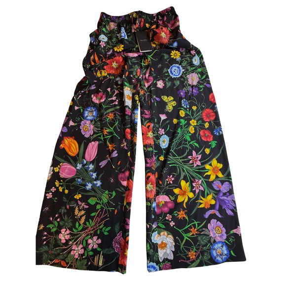 Gucci Pants - Gucci Flora Print Silk Wide Leg Pants Black Floral A003ZB ZAUU3 IT 38